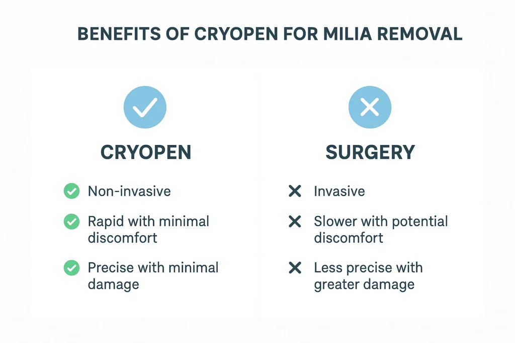Benefits of cryopen for milia removal Merton compared to surgical treatments.