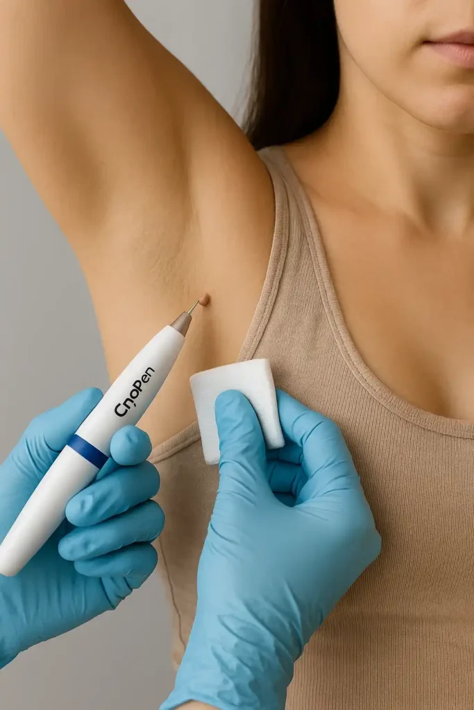 woman having cryopen to remove underarm skin tags Merton